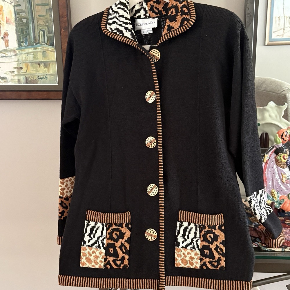 Vintage Rich and Levy Cardigan Sweater Womens Black&Red Gold Pearl Buttons Sz L